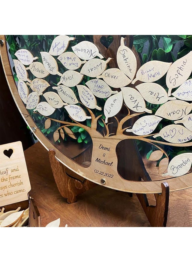 NANAO Wooden Wedding Guest Book Alternative, Tree Design with Leaf Signs, 30x30cm Round Frame with Stand - Image 2