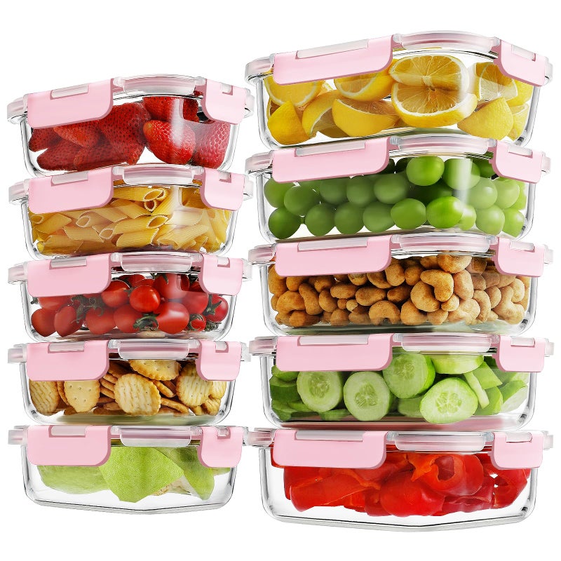 HOMBERKING 10 Pack Borosilicate Glass Meal Prep Containers with Locking Lids, Glass Food Storage Containers Set, Airtight Lunch Bento Boxes, BPA-Free & Leak Proof, 36oz & 14oz, Freezer, Oven Safe-Pink - Image 1