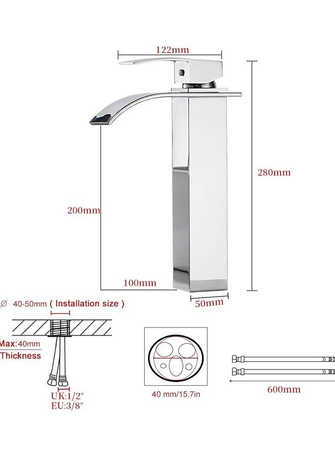 Basin Mixer Taps, Tall Waterfall Bathroom Sink Taps, Single Lever Handle Countertop Washbasin Mixer Faucet, Anti-Rust and Anti-Wear Sink Faucets, Chrome Finish - Image 5