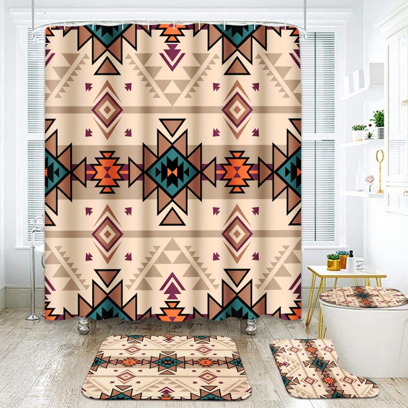 ArtSocket African Boho Retro Bathroom Set with Shower Curtain and Rugs Accessory Traditional Rhombus Summer Colorful Abstract Shower Curtain for Bathroom Decor 4 Pcs