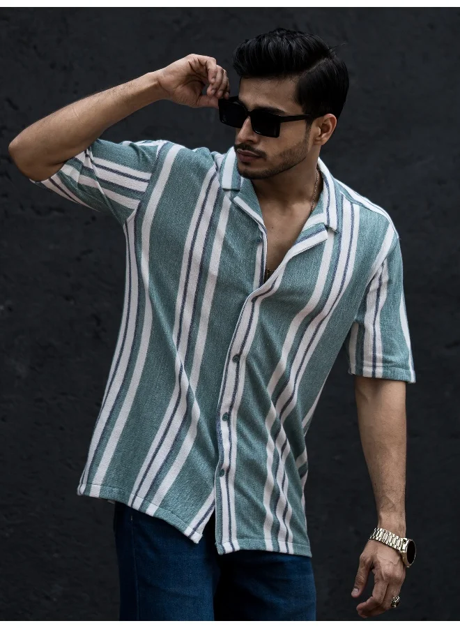 مانياك قميص رجالي قطن واسع بأكمام 3/4 وياقة مخططة بلون بيرلي جرين