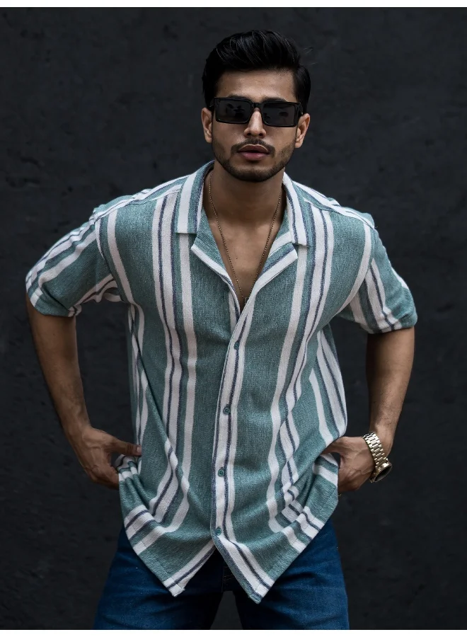 مانياك قميص رجالي قطن واسع بأكمام 3/4 وياقة مخططة بلون بيرلي جرين