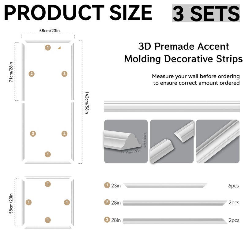 Maguesh Peel and Stick Wall Molding Kit, 3D Premade Accent Molding Decorative Strips for Interior Wall Moulding Decor, Self Adhesive Decorative Strips(3sets-56"Ã—23"+23"Ã—23") - Image 2