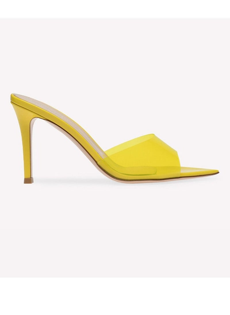 Loquat Women's Transparent Pointed Toe One Line Design High Heeled Sandals Stiletto Heel Open Toe Slip On High Heels Slippers Yellow 8.5CM  - Image 1