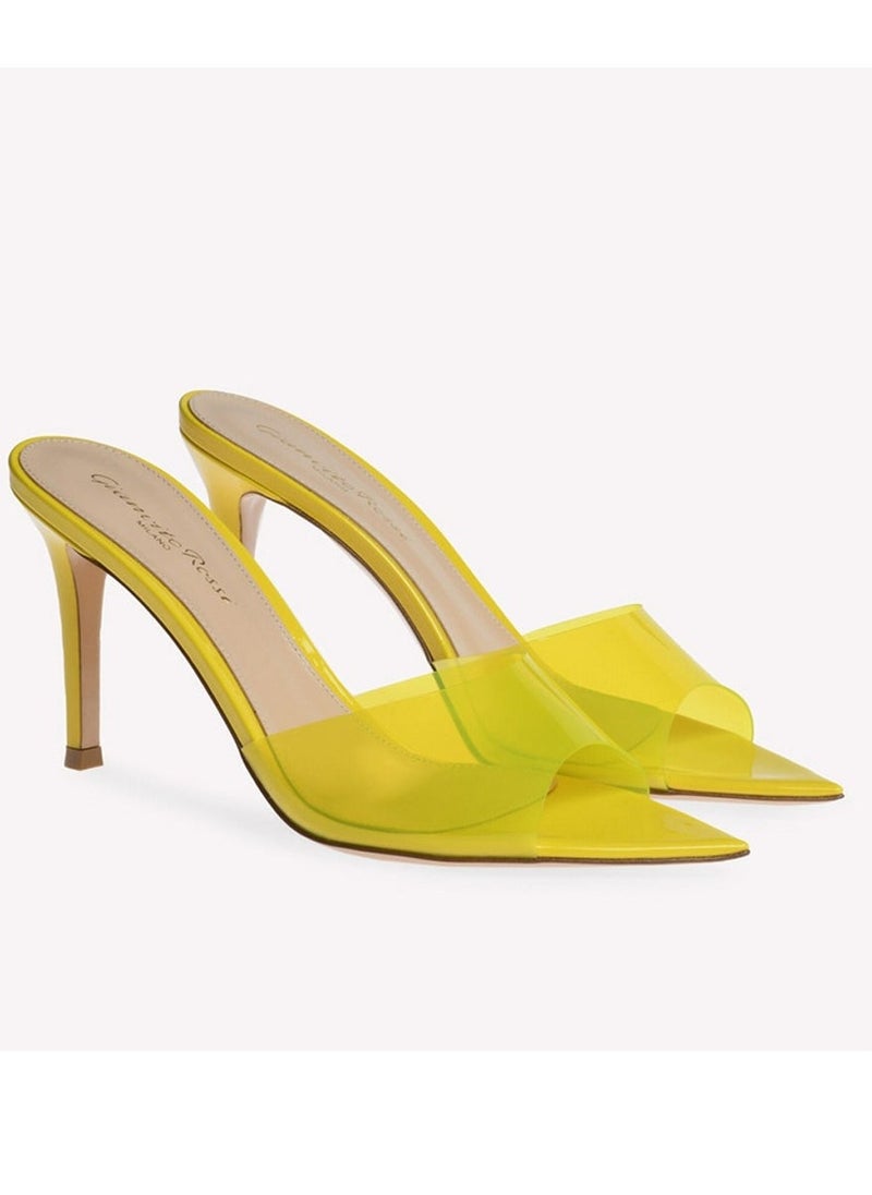 Loquat Women's Transparent Pointed Toe One Line Design High Heeled Sandals Stiletto Heel Open Toe Slip On High Heels Slippers Yellow 8.5CM  - Image 3