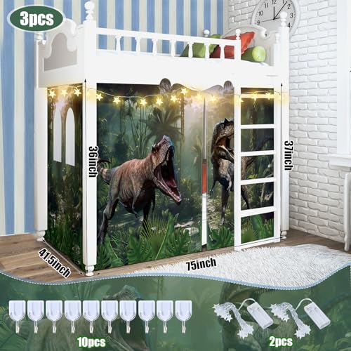 Hahafelt Dinosaur Loft Bed Tent Curtain Set for Low Twin Bunk Bed Curtains with Enchanting Star Lights Play Gifts Tent Party Decoration for Indoor Outdoor - Image 3