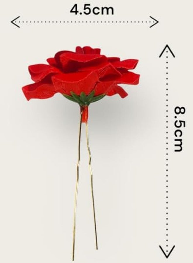 Hair Accessories For Women & Girls - Bridal Brooch & Braid for Hairstyle of Bride, Wedding & Party - Stylish Red Rose Artificial Flowers Bun Juda U Pins & Clips for Style & Decoration Pack of 6 White - Image 5