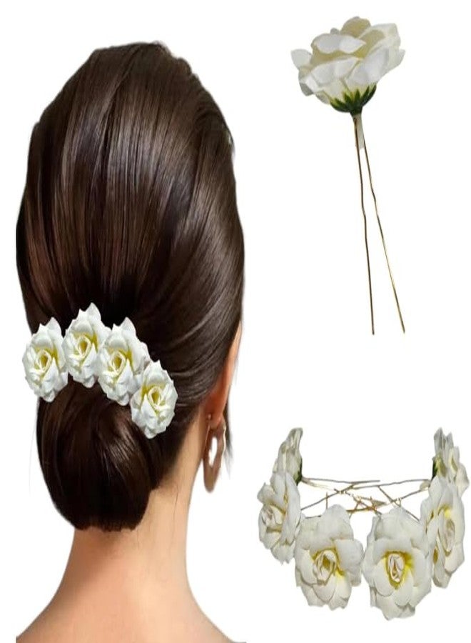 Hair Accessories For Women & Girls - Bridal Brooch & Braid for Hairstyle of Bride, Wedding & Party - Stylish Red Rose Artificial Flowers Bun Juda U Pins & Clips for Style & Decoration Pack of 6 White - Image 1