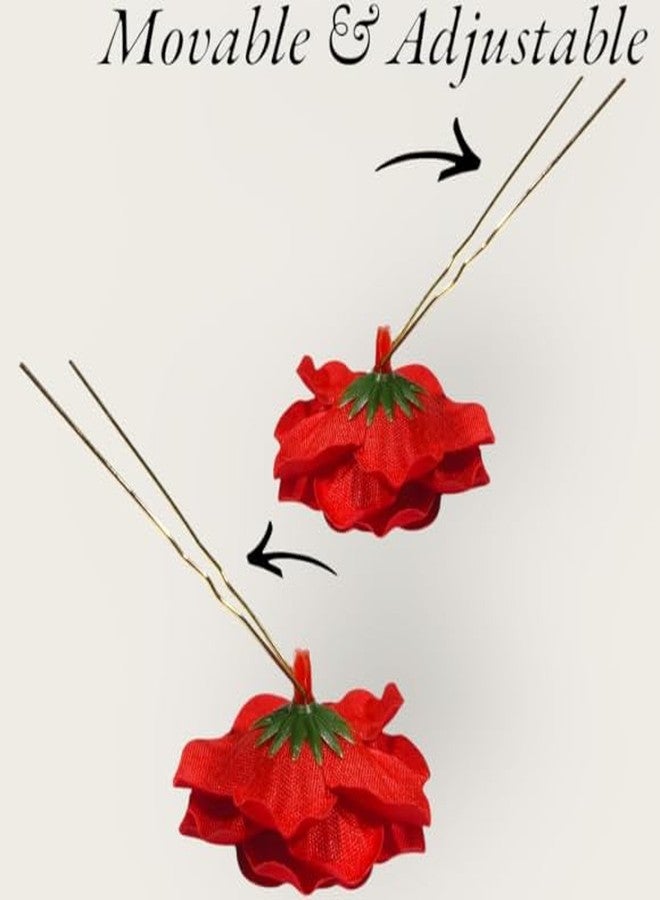 Hair Accessories For Women & Girls - Bridal Brooch & Braid for Hairstyle of Bride, Wedding & Party - Stylish Red Rose Artificial Flowers Bun Juda U Pins & Clips for Style & Decoration Pack of 6 White - Image 4