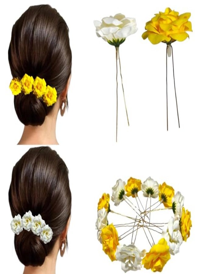 Hair Accessories For Women & Girls - Bridal Brooch & Braid for Hairstyle of Bride, Wedding & Party - Stylish Red Rose Artificial Flowers Bun Juda U Pins & Clips for Style & Decoration Pack of 6 White - Image 3