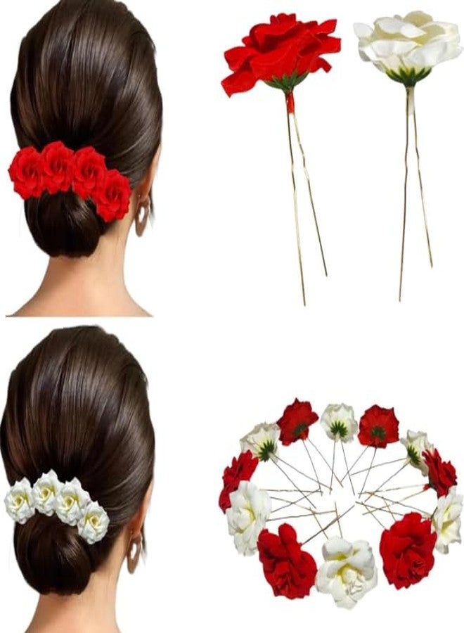 Hair Accessories For Women & Girls - Bridal Brooch & Braid for Hairstyle of Bride, Wedding & Party - Stylish Red Rose Artificial Flowers Bun Juda U Pins & Clips for Style & Decoration Pack of 6 White - Image 2