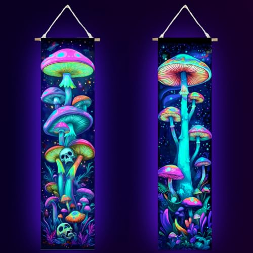 ACRNIGHEET Pack of 2 Tapestry Mushroom Blacklight Tapestry UV Reactive Poster Black Light Tapestries Mushroom Aesthetic Room Hanging Backdrop for Bedroom Home Decoration - Image 1