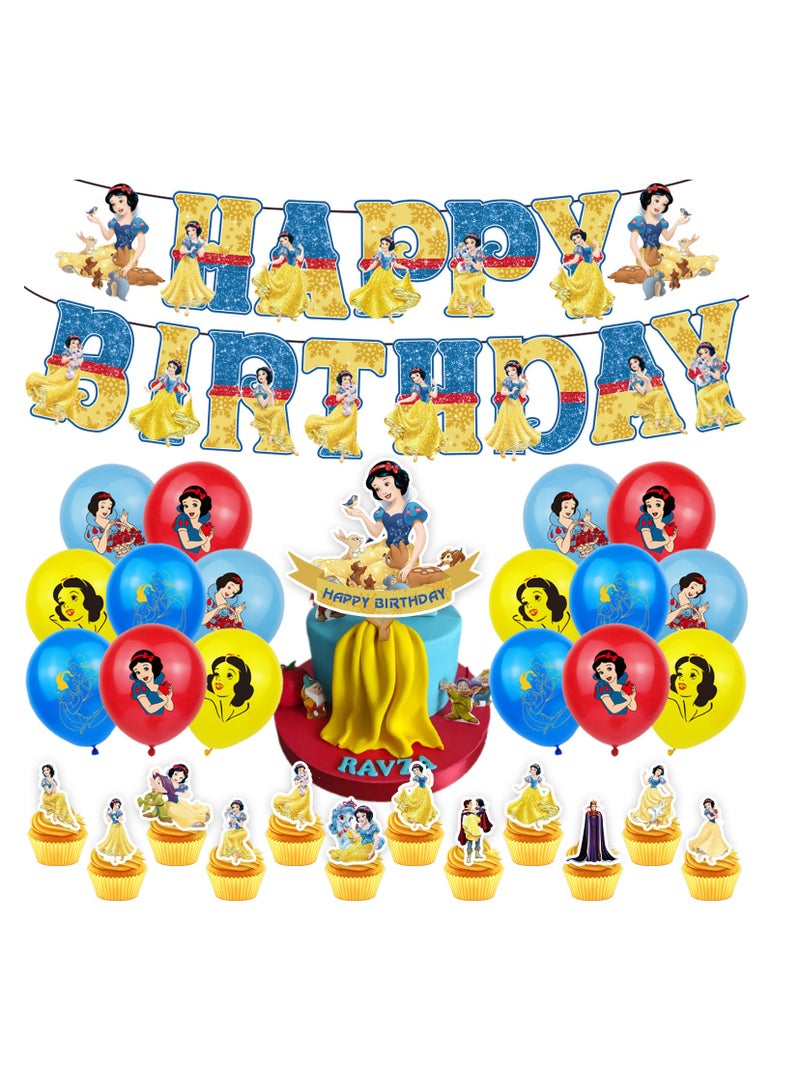 30-piece Snow White themed birthday party set including Happy Birthday flags, cake flag decorations, cupcake decorations, and latex balloons - Image 1