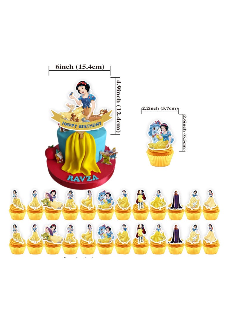 30-piece Snow White themed birthday party set including Happy Birthday flags, cake flag decorations, cupcake decorations, and latex balloons - Image 2
