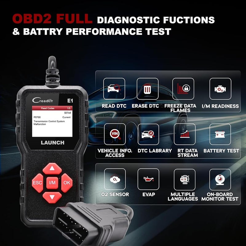 LAUNCH Creader E1 OBD2 Diagnostic Device Car, Fault Reader for Engine & Exhaust Gas, Reads & Clears Fault Codes, Shows Live Data & I/M Readiness, Supports Battery Voltage Testing & Freeze Frame Data - Image 2