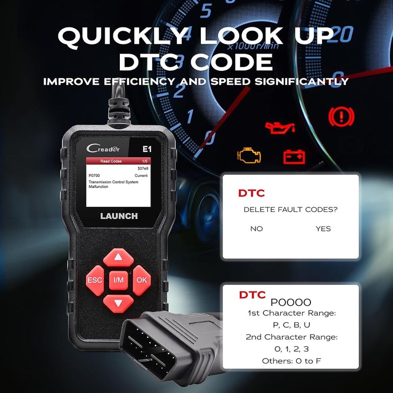 LAUNCH Creader E1 OBD2 Diagnostic Device Car, Fault Reader for Engine & Exhaust Gas, Reads & Clears Fault Codes, Shows Live Data & I/M Readiness, Supports Battery Voltage Testing & Freeze Frame Data - Image 4