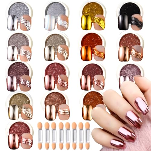 SUTOZMIWE 16 Jars Chrome Nail Powder for Gel Nails Holographic Mirror Metallic Effect Fine Rubbing Dust Glitter Pigment Kit Nail Art Gel Polish Mermaid Powder Decoration Sets for Nail Supplies Resin Craft - Image 1