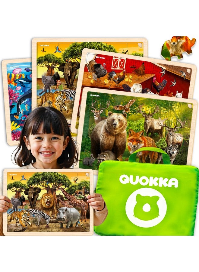 QUOKKA 4SET Puzzles for Kids Ages 4-6 - 48 Pcs Wooden Toddler Realistic Montessori Puzzles Ages 3-5 - Wild Animals Africa Ocean Farm Learning Games for Boys and Girls 4-8 Year Olds - Image 1