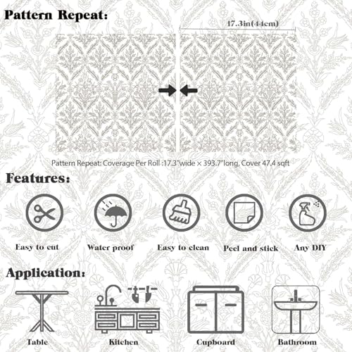 YXTII 393.7" x 17.3" Beige Peel and Stick Wallpaper Vintage Floral Wallpaper Self Adhesive Decorative Contact Paper for Bedroom Bathroom Waterproof Self Adhesive Vinyl Drawer Decor - Image 3