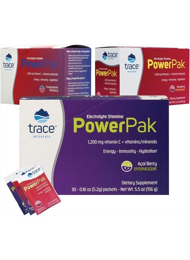 Trace Minerals Electrolyte Stamina Power Pak | 1200 mg Vitamin C | Non-GMO | Pomegranate Blueberry, Raspberry and Acai Berry | 30 Packets Variety (Pack of 3) - Image 1