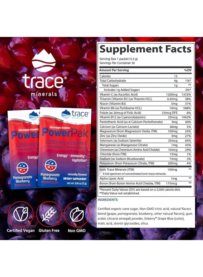Trace Minerals Electrolyte Stamina Power Pak | 1200 mg Vitamin C | Non-GMO | Pomegranate Blueberry, Raspberry and Acai Berry | 30 Packets Variety (Pack of 3) - Image 2