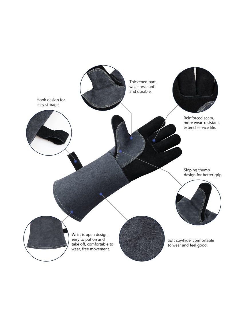 Excefore - Resistant Oven Gloves Mitts, 932℉/500℃ Heat Resistant Pizza Oven Mitts, for Grill Heat Insulation Leather Forging Welding Gloves, for Cooking, Kitchen, Camping, Fireplace, Grilling (Black-16inch) - Image 1