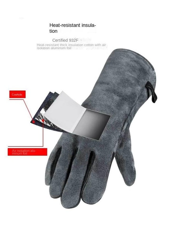 Excefore - Resistant Oven Gloves Mitts, 932℉/500℃ Heat Resistant Pizza Oven Mitts, for Grill Heat Insulation Leather Forging Welding Gloves, for Cooking, Kitchen, Camping, Fireplace, Grilling (Black-16inch) - Image 1