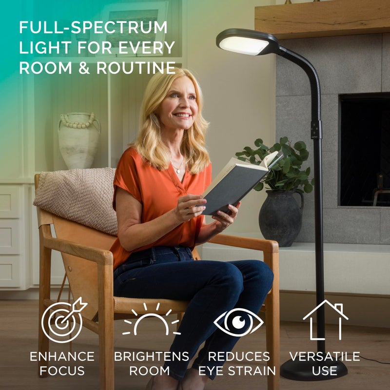 Verilux SmartLight Full Spectrum LED Modern Floor Lamp with Adjustable Brightness, Flexible Gooseneck and Easy Controls - Reduces Eye Strain and Fatigue - Ideal for Reading, Artists, Craft (Black) - Image 2