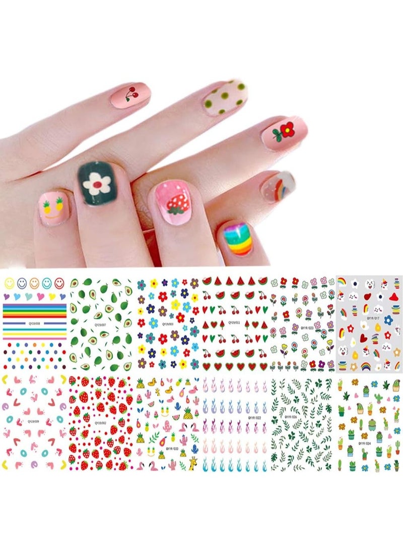 IHUKEIT Nail Stickers for Women and Little Girls - 12 Sheets 3D Self-Adhesive DIY Nail Art Decoration Set Including Flowers Leaves Animals Plants Fruits Nail Decals for Woman Kids Girls - Image 1