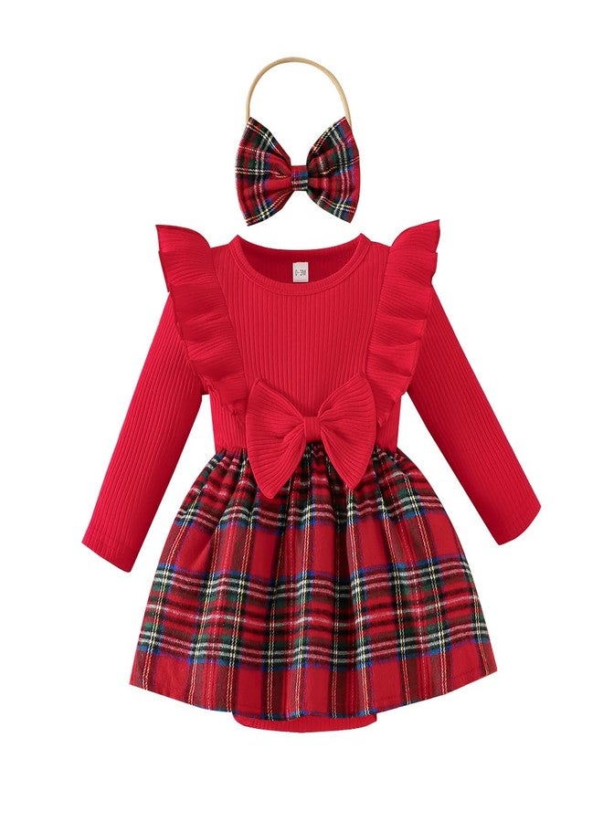 Magic Park بدلة رافلز بأكمام طويلة للبنات من ماجيك بارك 0-24 شهر، فستان رومبر مخطط مع رباط رأس (أحمر، 0-3 أشهر) - Image 1