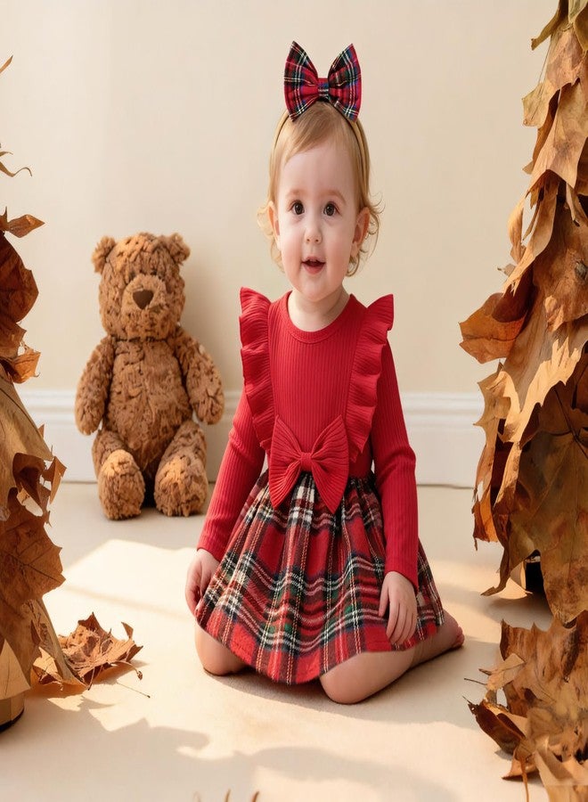 Magic Park بدلة رافلز بأكمام طويلة للبنات من ماجيك بارك 0-24 شهر، فستان رومبر مخطط مع رباط رأس (أحمر، 0-3 أشهر) - Image 2