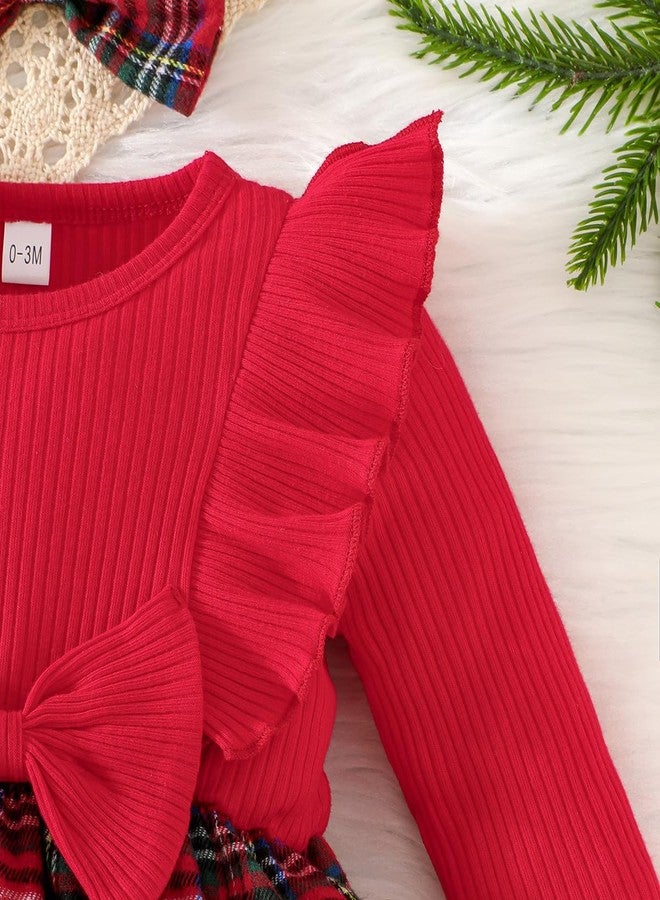 Magic Park بدلة رافلز بأكمام طويلة للبنات من ماجيك بارك 0-24 شهر، فستان رومبر مخطط مع رباط رأس (أحمر، 0-3 أشهر) - Image 4