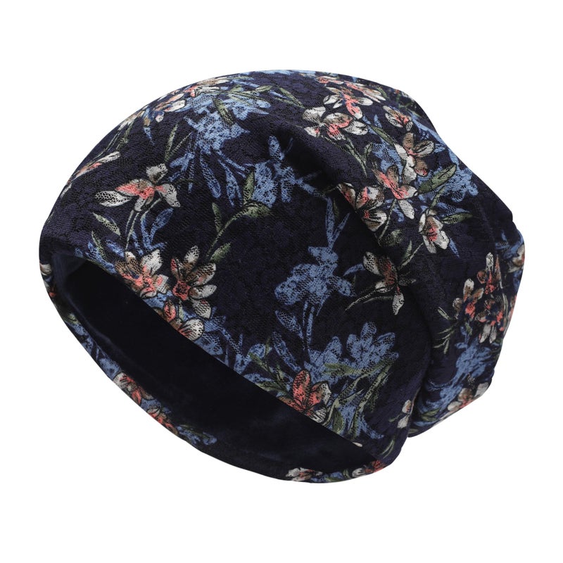 ZLYC Women Lightweight Fleece Slouchy Beanie Warm Winter Hat Chemo Headwear Cap,Flower and Butterfly Navy - Image 1