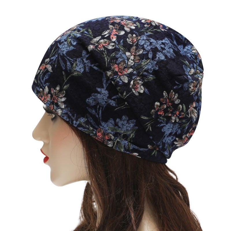 ZLYC Women Lightweight Fleece Slouchy Beanie Warm Winter Hat Chemo Headwear Cap,Flower and Butterfly Navy - Image 3