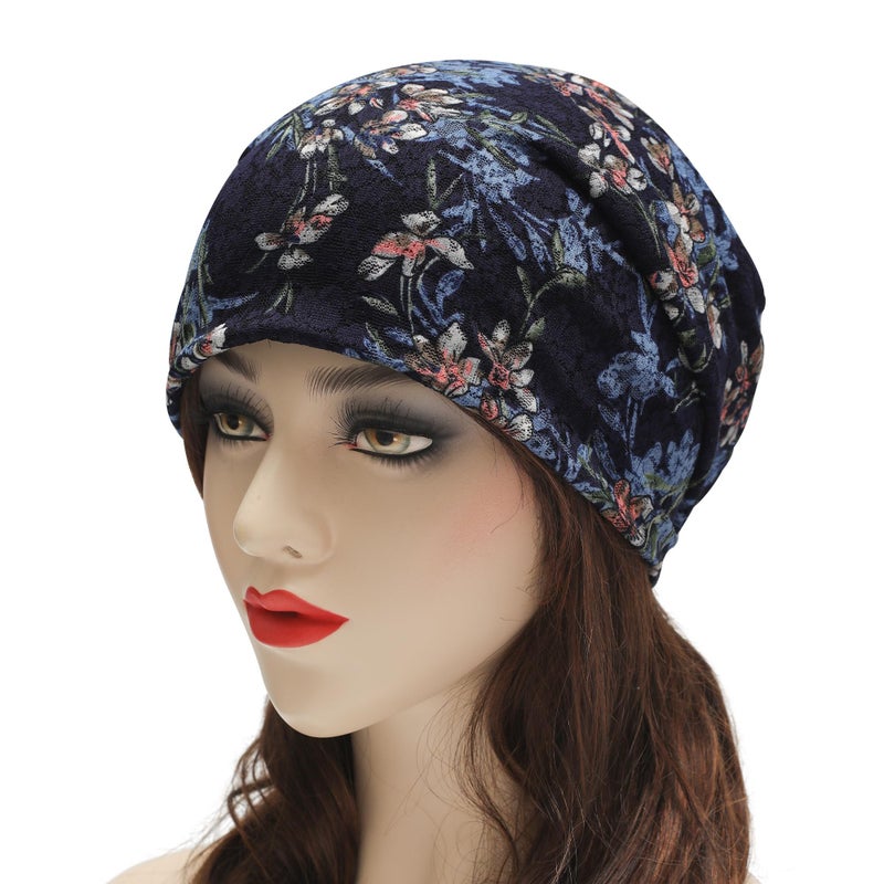 ZLYC Women Lightweight Fleece Slouchy Beanie Warm Winter Hat Chemo Headwear Cap,Flower and Butterfly Navy - Image 2