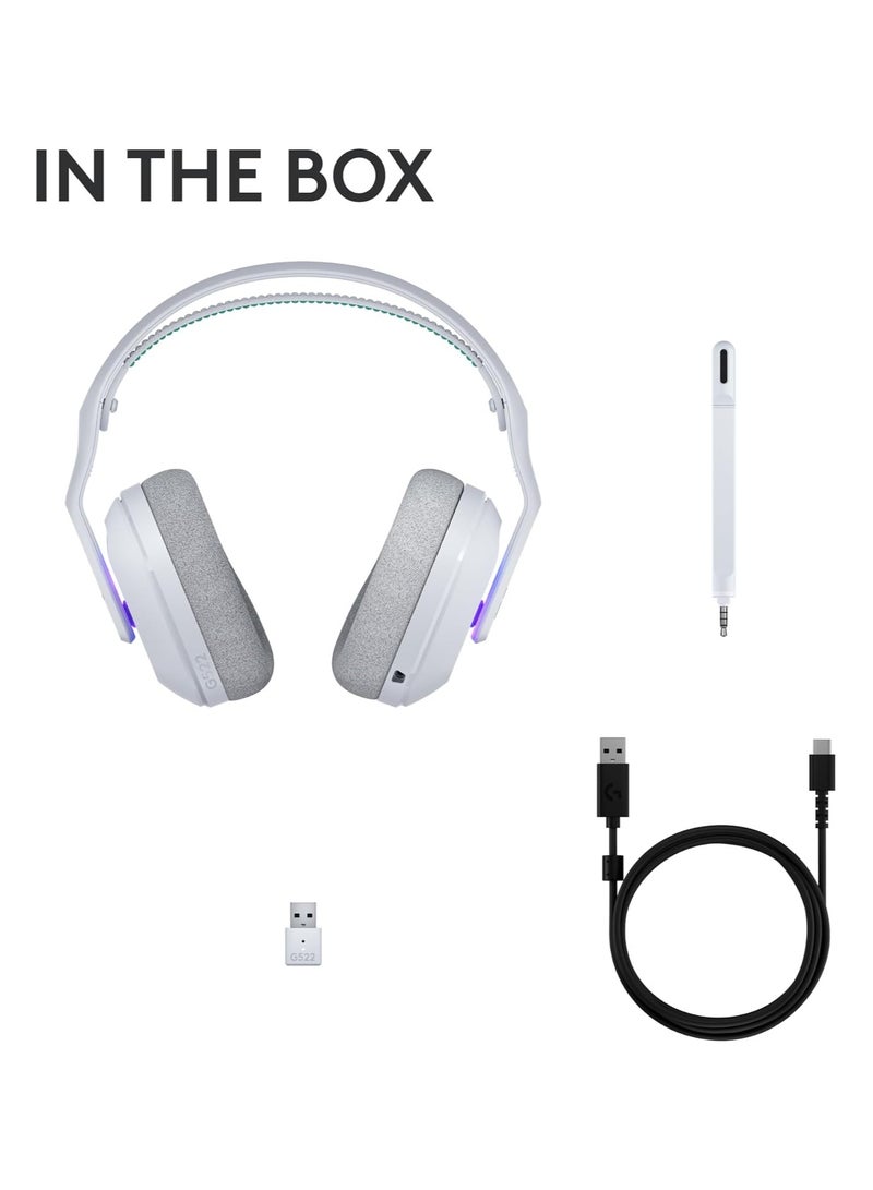 لوجيتيك سماعة رأس للألعاب G522 LIGHTSPEED اللاسلكية، LIGHTSYNC RGB، ميكروفون كامل النطاق وصوت متزامن متقدم، ثلاثي الاتصال مع LIGHTSPEED، بلوتوث، USB-A إلى USB-C للكمبيوتر - أبيض - Image 3