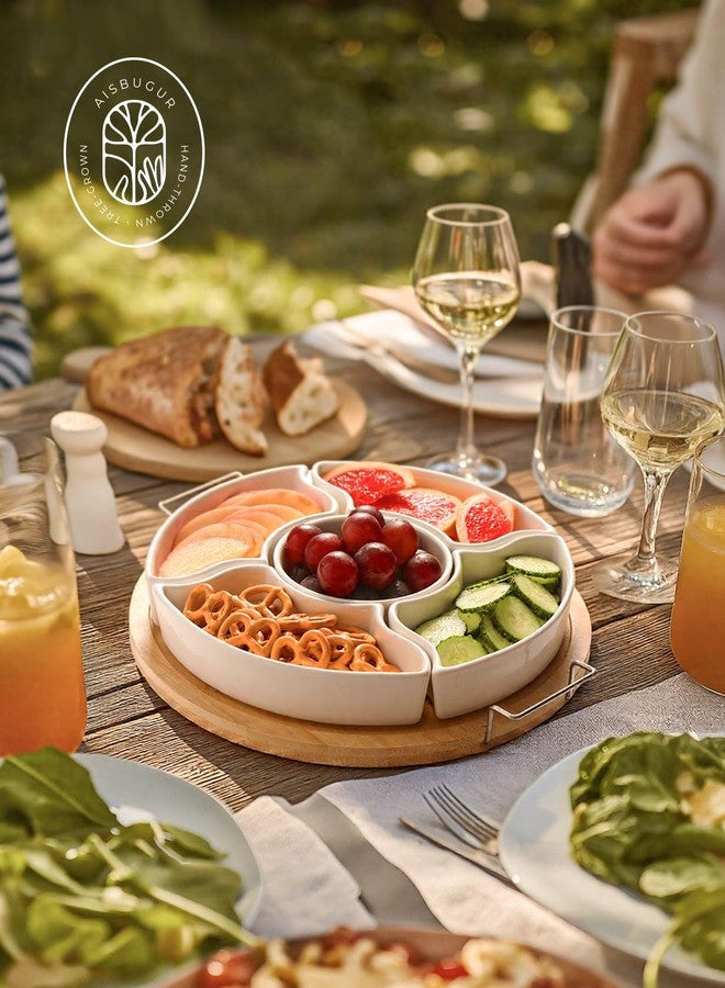 AISBUGUR Ceramic Divided Serving Dishes with Bamboo Tray,360° Rotatable Serving Bowls with Handles for Party,5 Removable Relish Tray,11.2 Inch Appetizer Serving Dish for Chips & Dip, Veggies, Candy & Snacks - Image 3