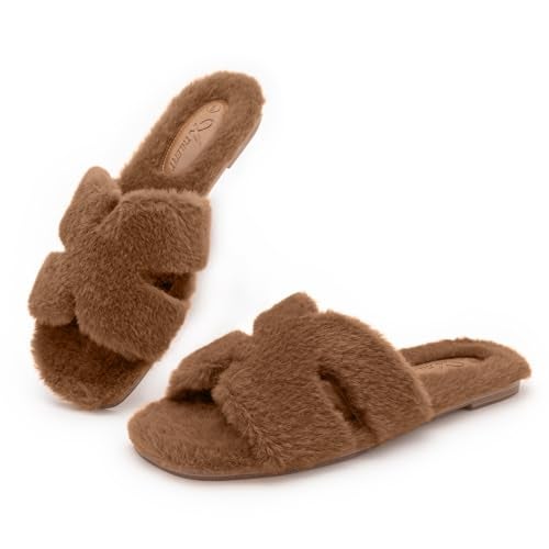 Athlefit Women's Fuzzy Slippers Cute Comfy Fluffy Open Toe Slip-on House Slide Slippers for Indoor Bedroom Bridesmaid, Brown, Size 7.5, AD01354 - Image 1