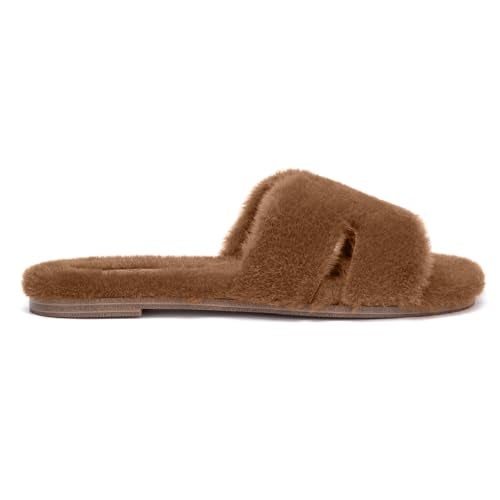 Athlefit Women's Fuzzy Slippers Cute Comfy Fluffy Open Toe Slip-on House Slide Slippers for Indoor Bedroom Bridesmaid, Brown, Size 7.5, AD01354 - Image 3