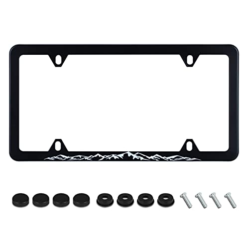 UNINDREM Mountains License Plate Frame Funny Black and White Mountain License Plate Holder Stainless Steel Auto Parts Personalise Decoration with Screws for Men Women 4 Holes 1pcs - Image 1