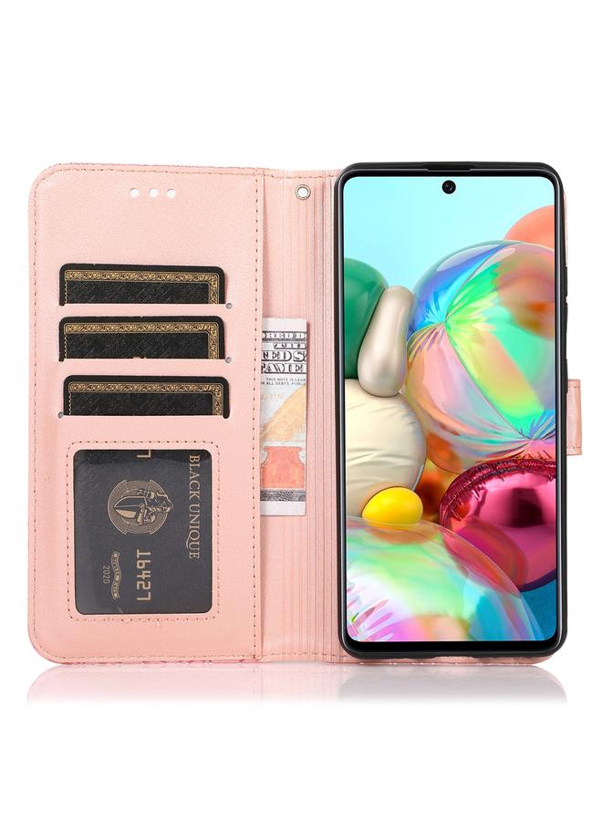 اس-توب جراب لهاتف Samsung Galaxy A71 مصنوع من الجلد المنقوش بنقشة عباد الشمس مع حامل وفتحات للبطاقات ومحفظة وحبل تعليق - Image 4