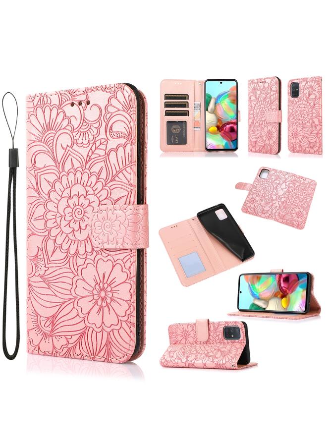 اس-توب جراب لهاتف Samsung Galaxy A71 مصنوع من الجلد المنقوش بنقشة عباد الشمس مع حامل وفتحات للبطاقات ومحفظة وحبل تعليق - Image 1