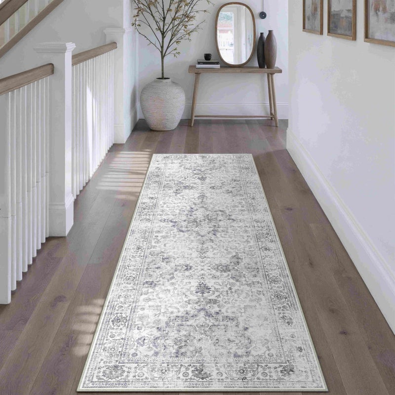 HUGEAR Washable Hallway 2x6 Runner Rugs Retro Grey Vintage Distressed Non Slip Stain Resistant Low Pile Neutral Throw Carpet for Bedside Kitchen Entryway Home Decor - Image 2