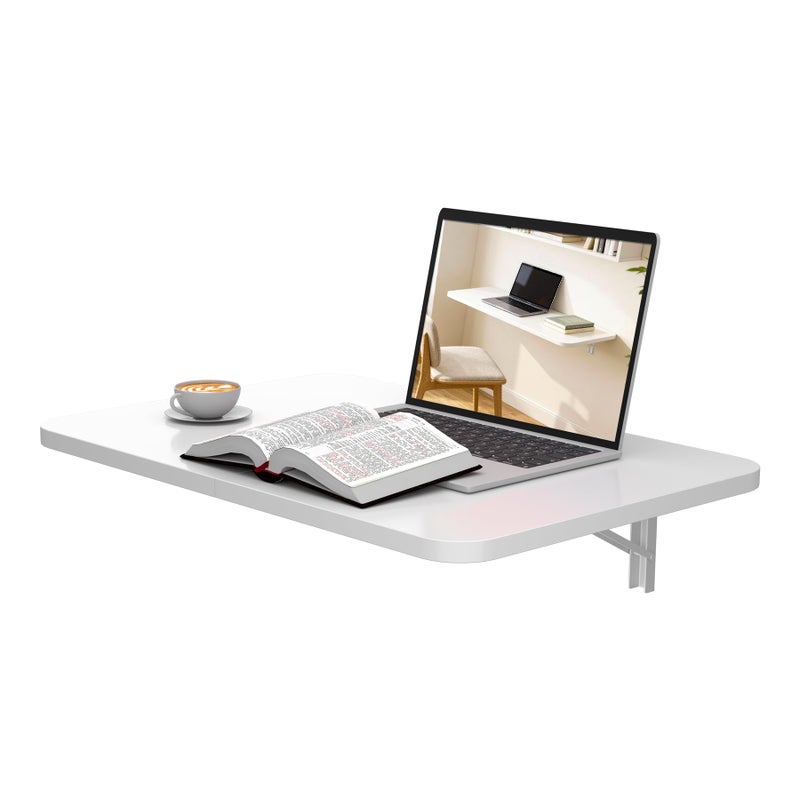 Neoaider Wall Mounted Folding Desk 23.6â€ x 15.7â€, Drop Down Table with Metal Collapsible Brackets, Folding Wall Table for Small Spaces, Home, Office, Kitchen, Laundry Room-White - Image 1