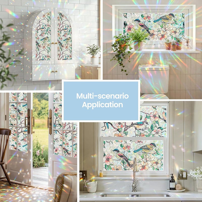 ADD.HERES Window Privacy Film,Colorful Floral Window Stickers,Removable DIY Bouquet Static Clings, Decals for Home School Office Party Supplies,‌Blooms & Birds Paradise,17.5 x 78.7 in - Image 2