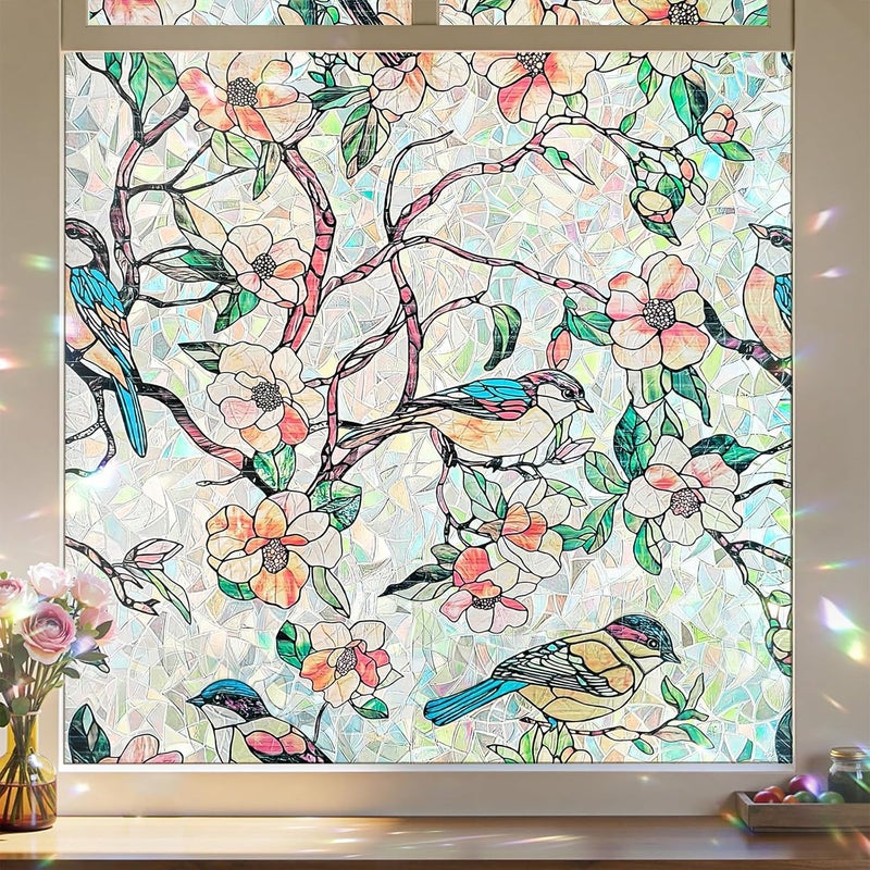 ADD.HERES Window Privacy Film,Colorful Floral Window Stickers,Removable DIY Bouquet Static Clings, Decals for Home School Office Party Supplies,‌Blooms & Birds Paradise,17.5 x 78.7 in - Image 1