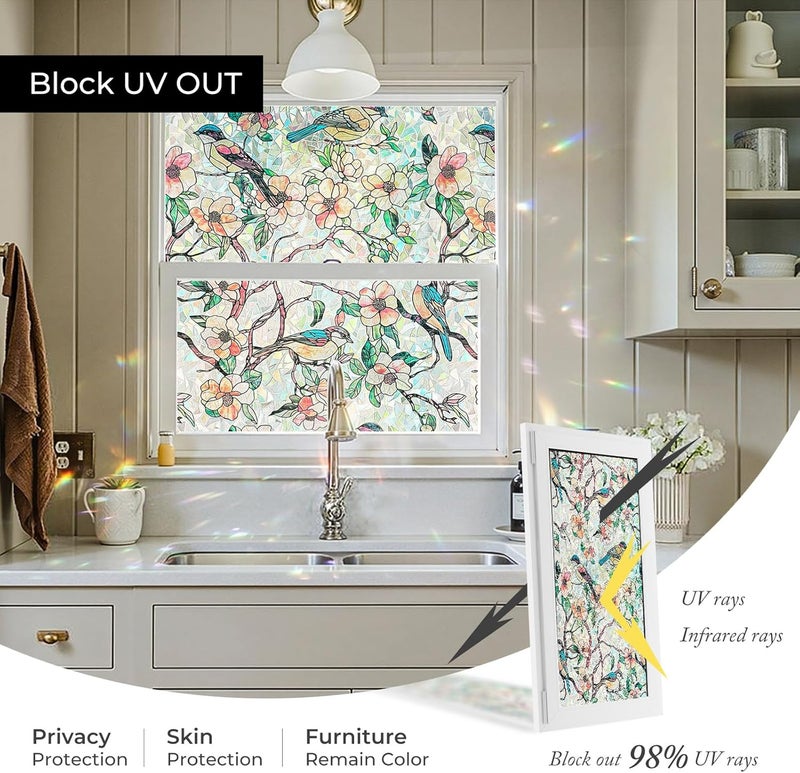 ADD.HERES Window Privacy Film,Colorful Floral Window Stickers,Removable DIY Bouquet Static Clings, Decals for Home School Office Party Supplies,‌Blooms & Birds Paradise,17.5 x 78.7 in - Image 5