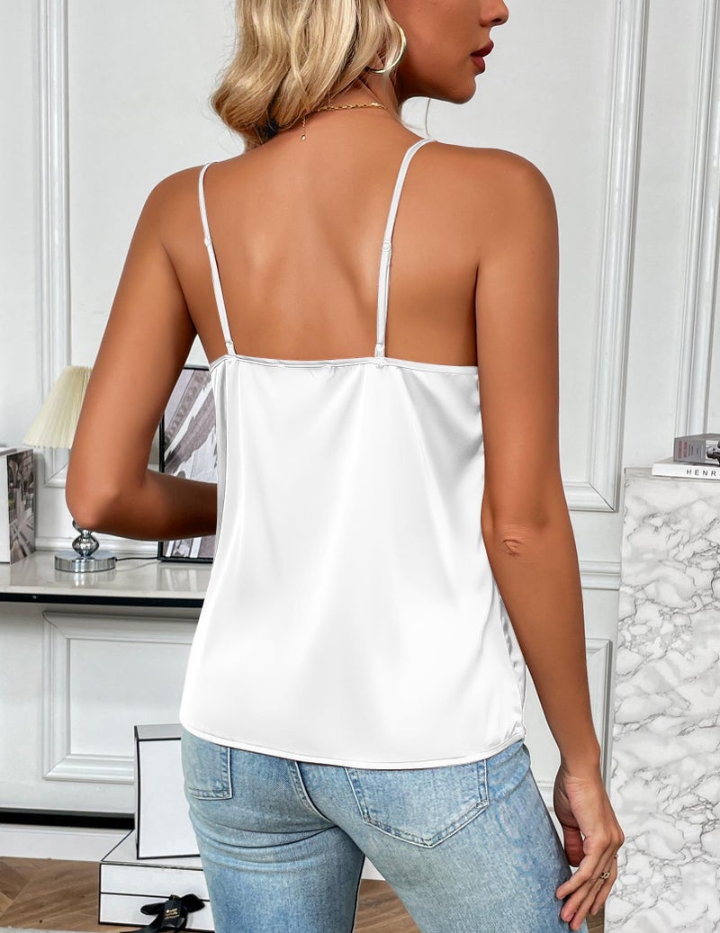 Zeagoo Womens Silk Satin Tank Top Sleeveless V Neck Camisole Casual Summer Tops Basic Tank Shirt White - Image 4