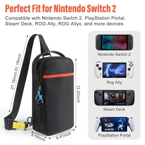 GIASSVIO Sling Crossbody Bag for Nintendo Switch 2/Steam Deck/PlayStation Portal, Large Portable Shoulder Crossbody Bag with USB Charging Port and 16 Game Card Slots,Holds Console & Accessories,Black - Image 2