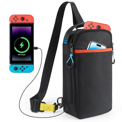 GIASSVIO Sling Crossbody Bag for Nintendo Switch 2/Steam Deck/PlayStation Portal, Large Portable Shoulder Crossbody Bag with USB Charging Port and 16 Game Card Slots,Holds Console & Accessories,Black - Image 1